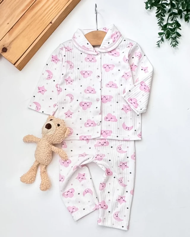 Zem Baby Ay Yıldız Desenli Raporlu Kumaş 2’li Bebek Pijama Takım