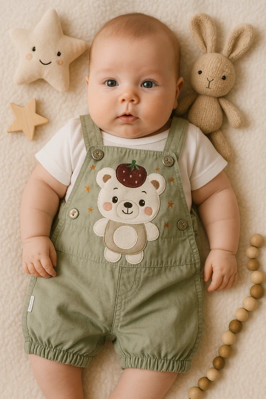 Babyİcon Ayıcık Nakışlı Badili Bebek Keten Salopet