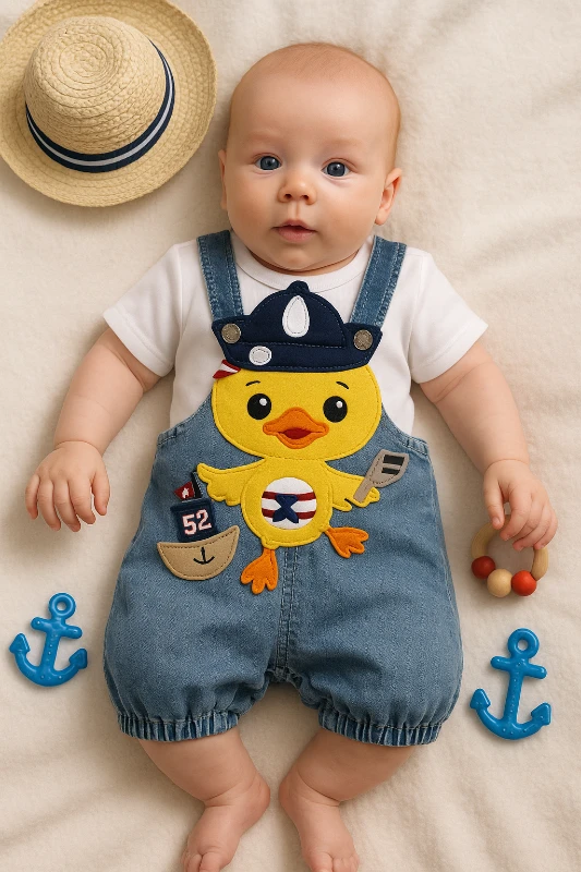 Babyİcon Yazlık Civciv Nakışlı Badili Bebek Kot Salopet