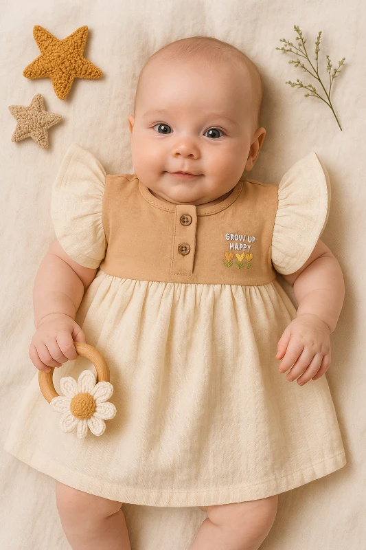 Çojux Yazlık Grow Up Happy Nakışlı Karpuz Kol Kız Bebek Elbise