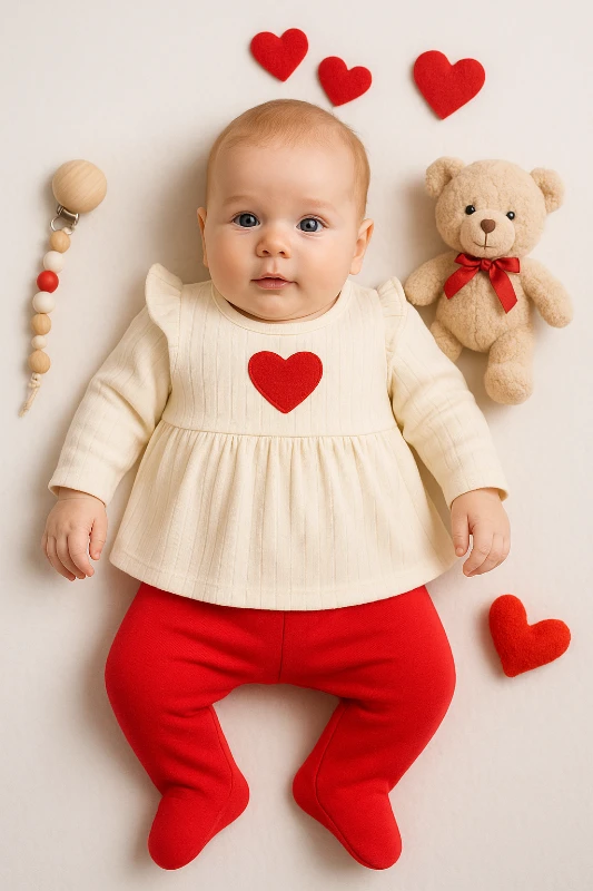 Babycan Kalp Nakışlı Karpuz Kol Bebek Zıbın Takım