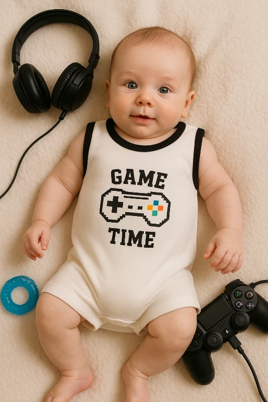 Yazlık Game Time Baskılı Bebek Tulum