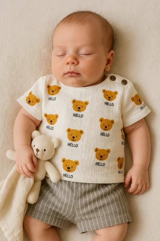 Güles Yazlık Hello Ayıcık Baskılı Çizgili Şortlu 2’li Bebek Takım