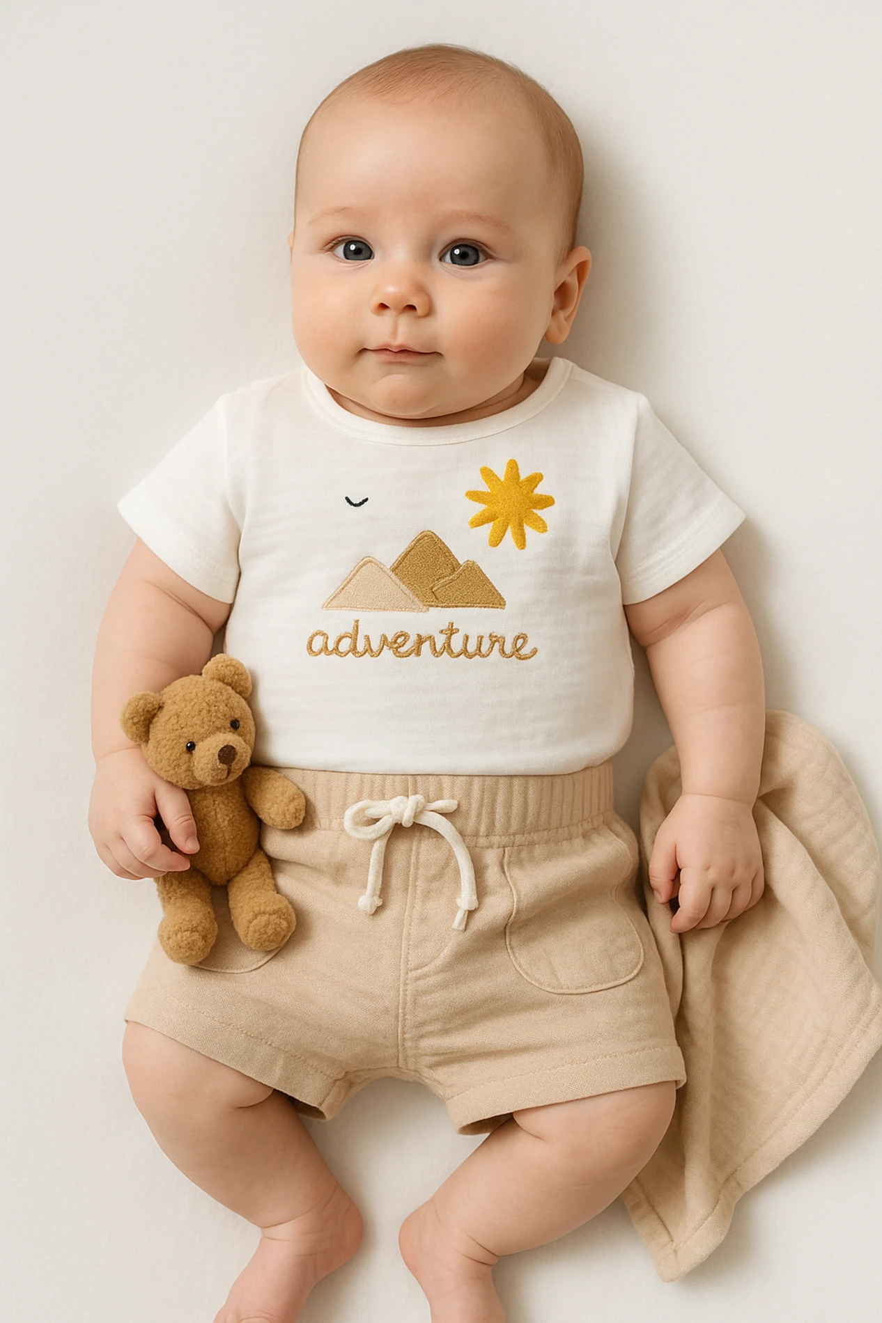 Cancuno Yazlık Adventure Güneş Nakışlı Müslin Kumaş 2’li Bebek Takım