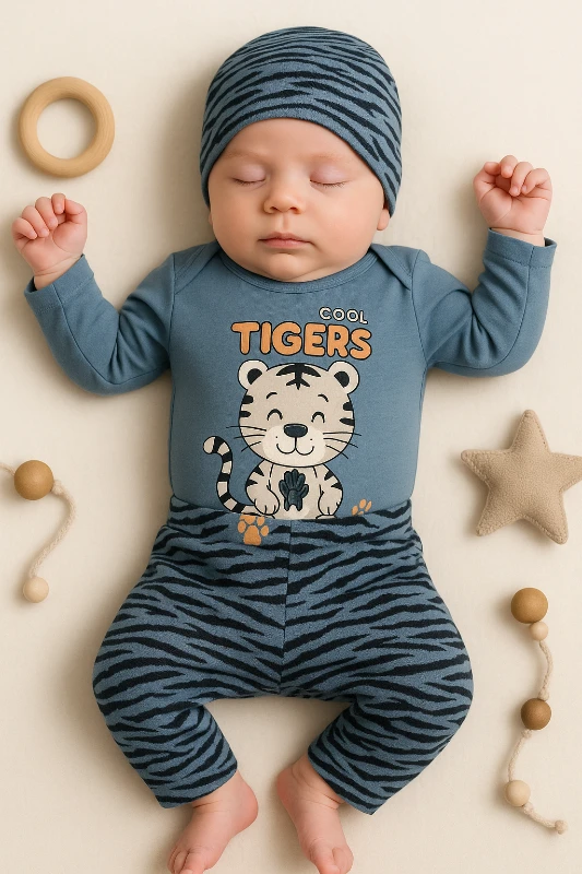 Polifoni Tiger Baskılı Şapkalı 3’lü Bebek Takım