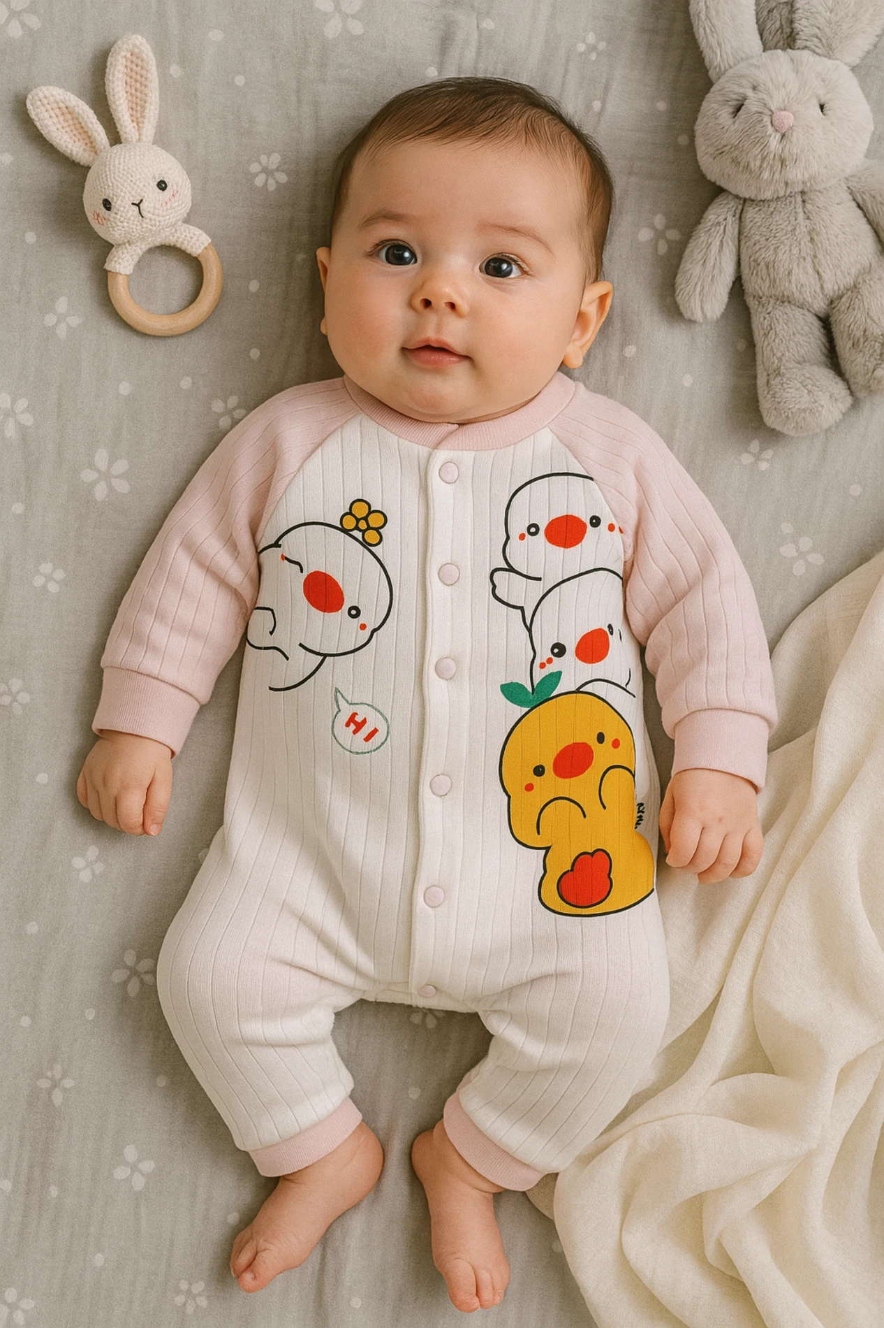 Hi Ördekler Baskılı Raporlu Kumaş Bebek Tulum